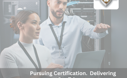 GO Technology Group team working in a data center with CompTIA Trustmark+ badge, representing pursuit of certified cybersecurity company status