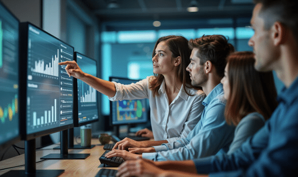 Team of IT professionals monitoring cybersecurity dashboards in an office, illustrating proactive IT services in Chicago provided by GO Technology Group.