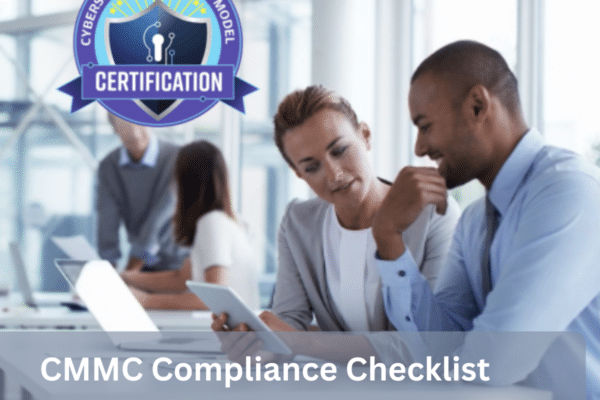 Professionals reviewing cybersecurity compliance checklist with CMMC certification badge &ndash; GO Technology Group