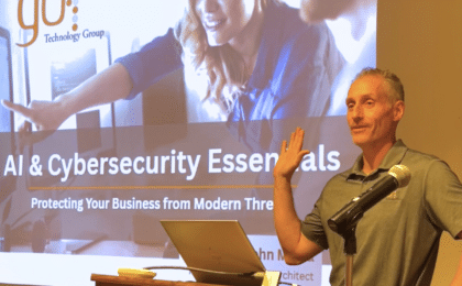 GO Technology Group leading an AI and cybersecurity education session for local businesses in Wilmette, Illinois.