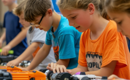 Students in a Chicago school makerspace exploring robotics and technology tools during a hands-on STEM learning activity supported by managed IT services for education.
