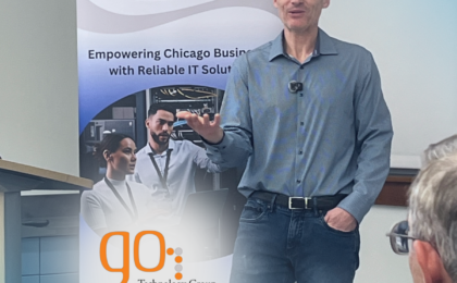 John Marta of GO Technology Group presenting AI and cybersecurity awareness at Addison Public Library for local businesses