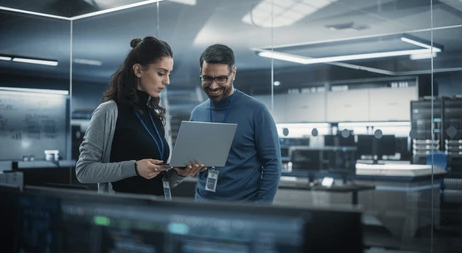 IT professionals reviewing network infrastructure and cybersecurity systems for small business IT management and cloud performance