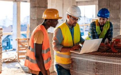 Construction team reviewing project data on a laptop at an active job site