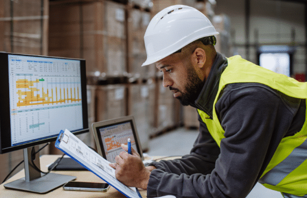 Construction worker using a laptop on site to support a mobile workforce