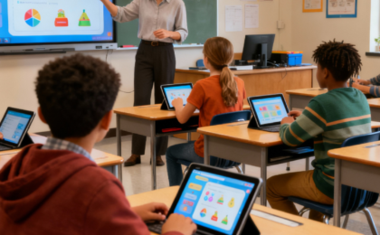 Teacher supporting students with classroom technology in a future ready school inspired by educational technology leadership in the Chicago area